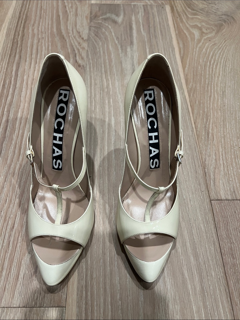 Rochas Cream Patent T-Strap Pointed-Toe Pumps